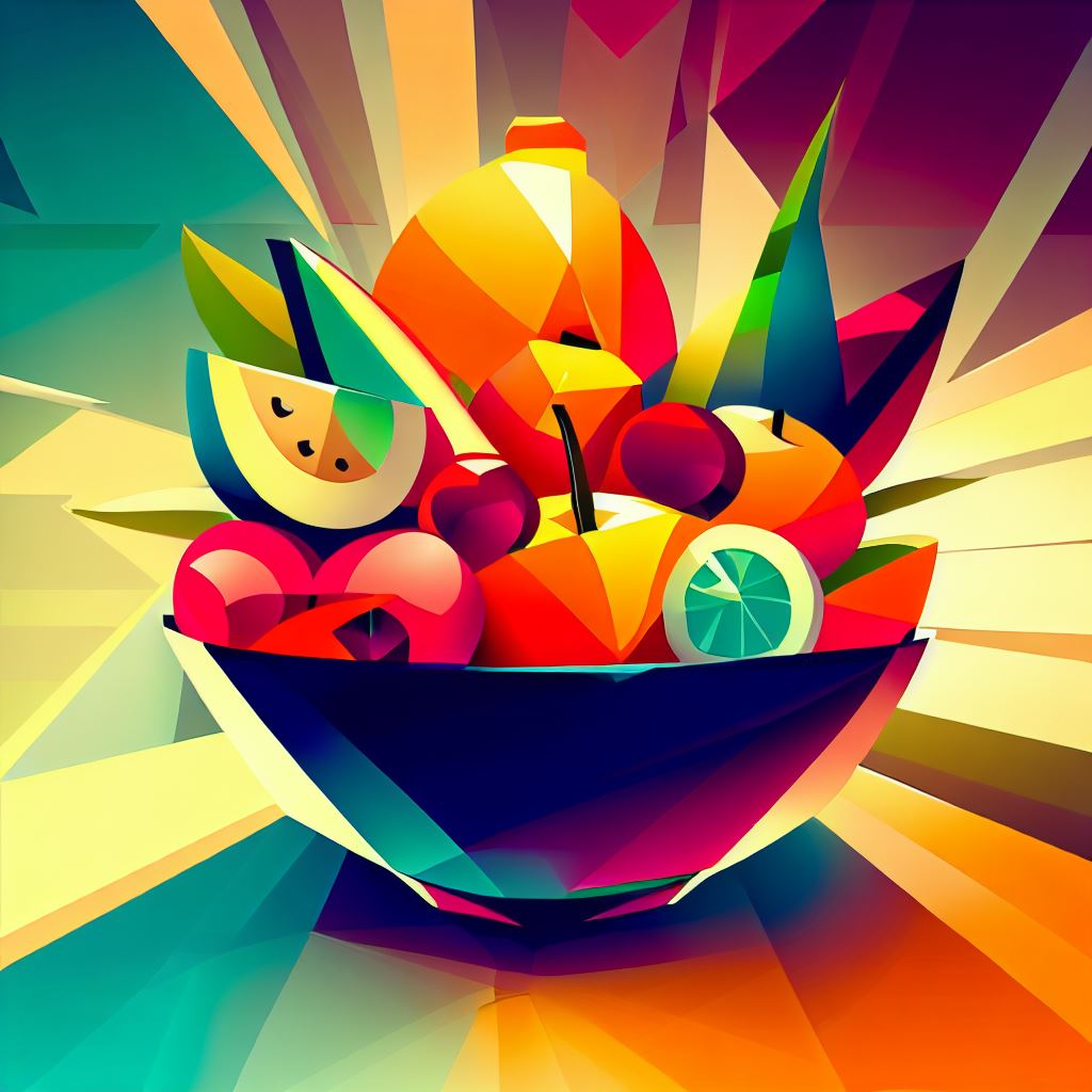 bowl of fruit, geometric art, bright and vibrant