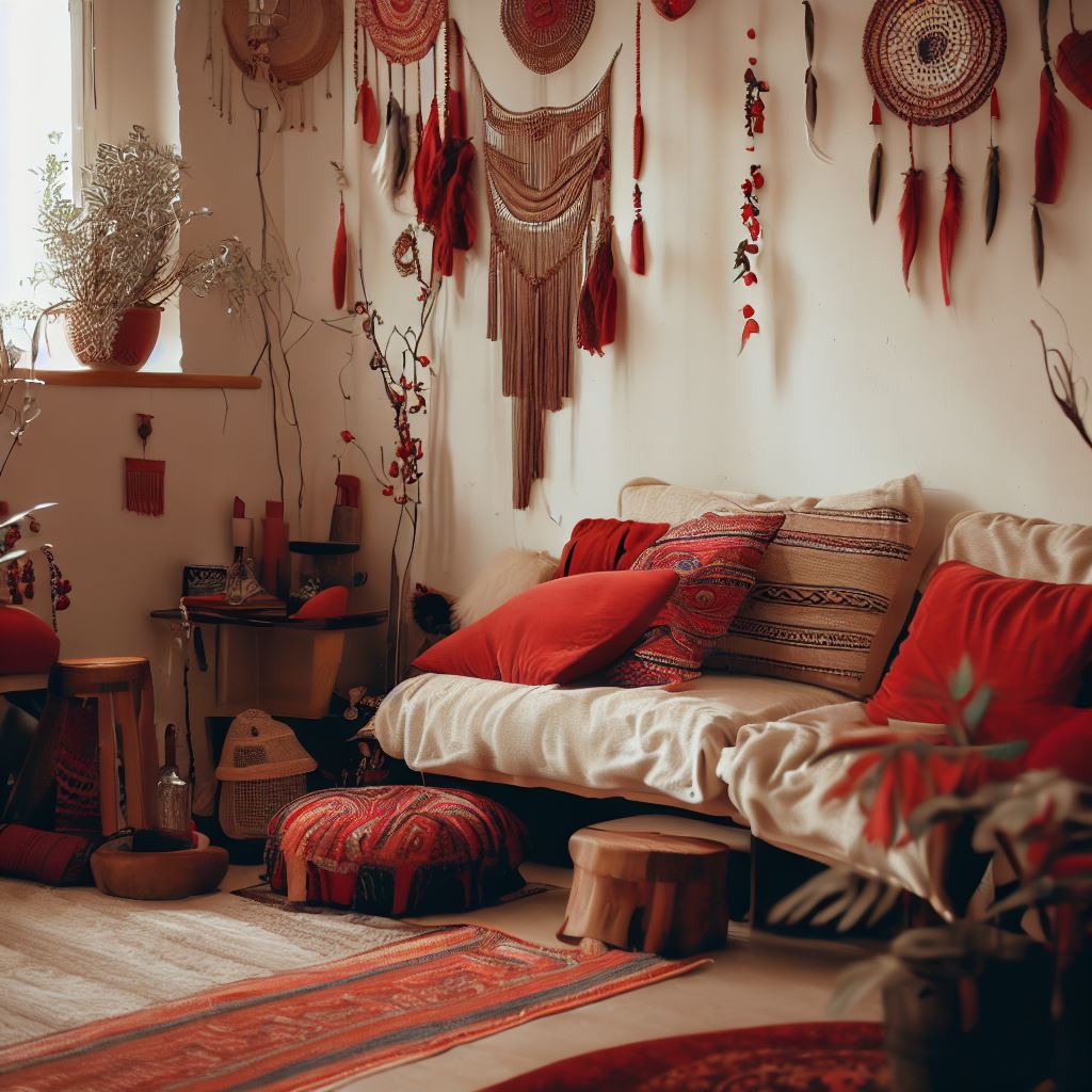 boho interior design with red accents