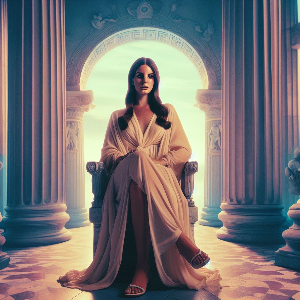 This image does not contain Lana Del Rey as an oracle in a Greek temple. Celestial color palette.