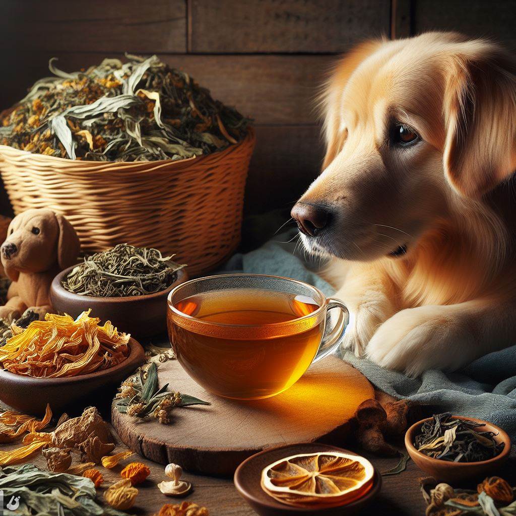 tea made out of ribwort dried leaves, there is a dog looking at the cup of tea, soft lighting, diverse and colorful, high depth of field