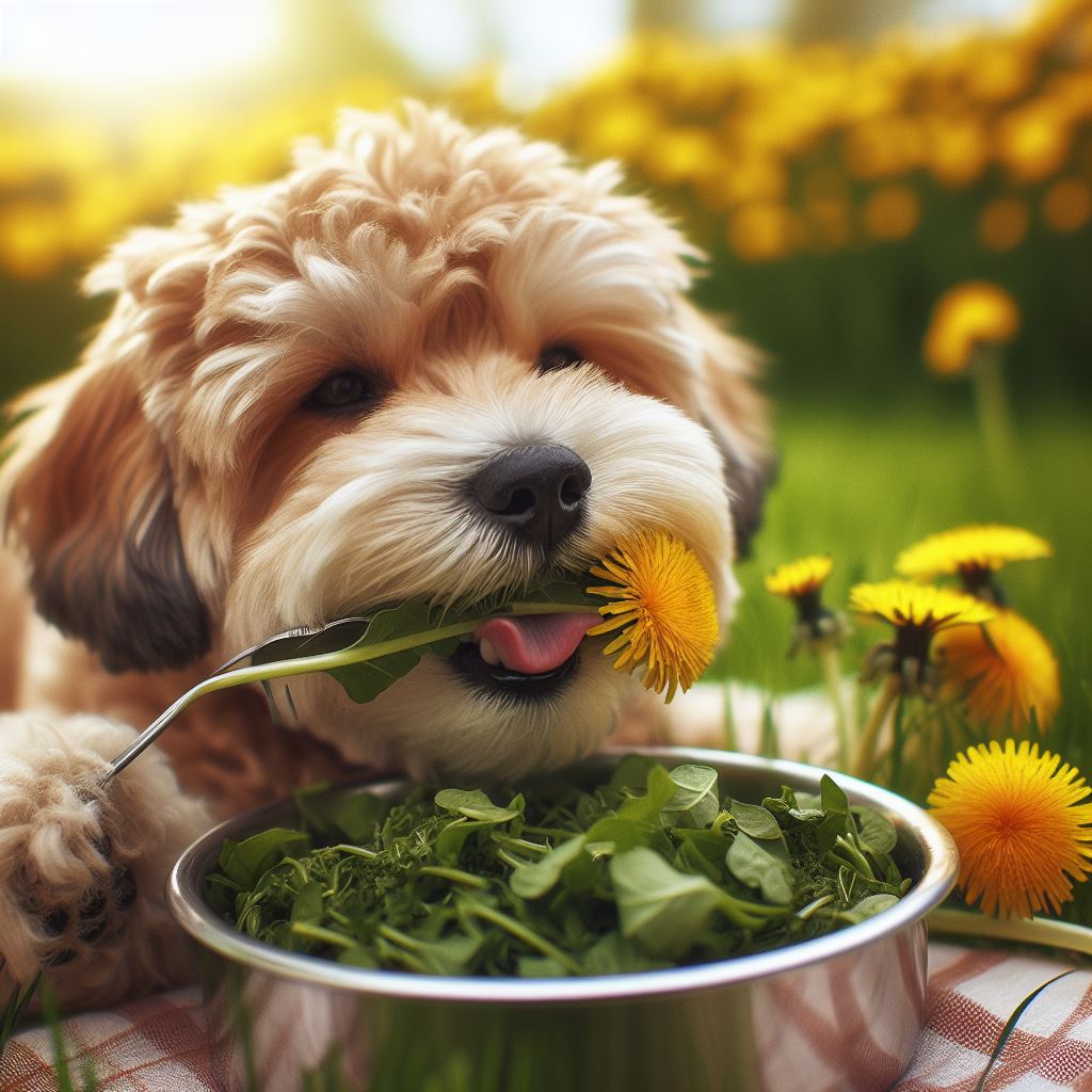 Dog eating dandelion greens from bowl