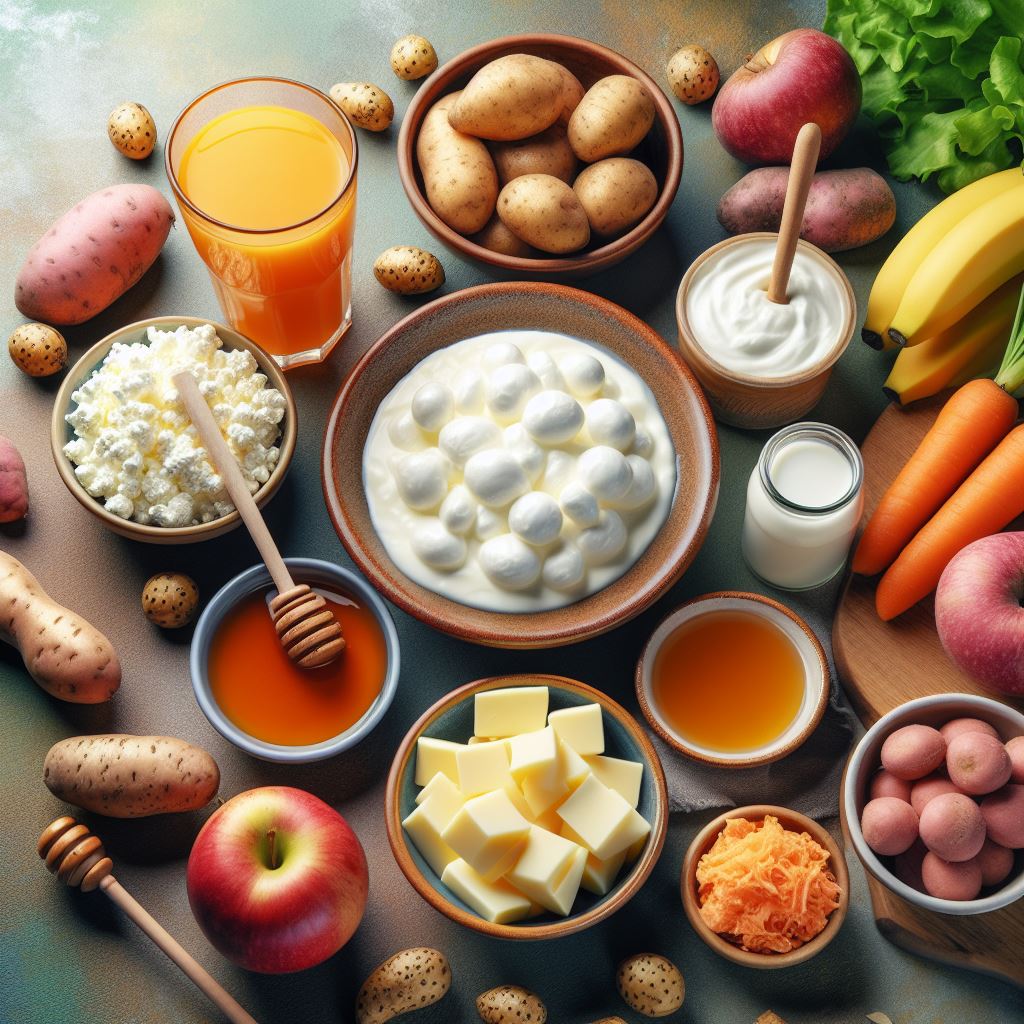 dog and yogurt and cottage cheese and mozzarella and banana and boiled sweet potatoes and boiled potatoes and honey and apple and carrot, diverse and colorful, soft lighting, high depth od dield