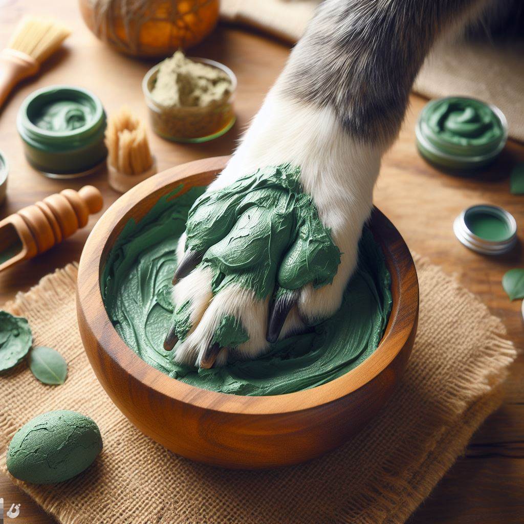 green clay pasta v mističce kterou člověk potírá ránu na tlapce psa