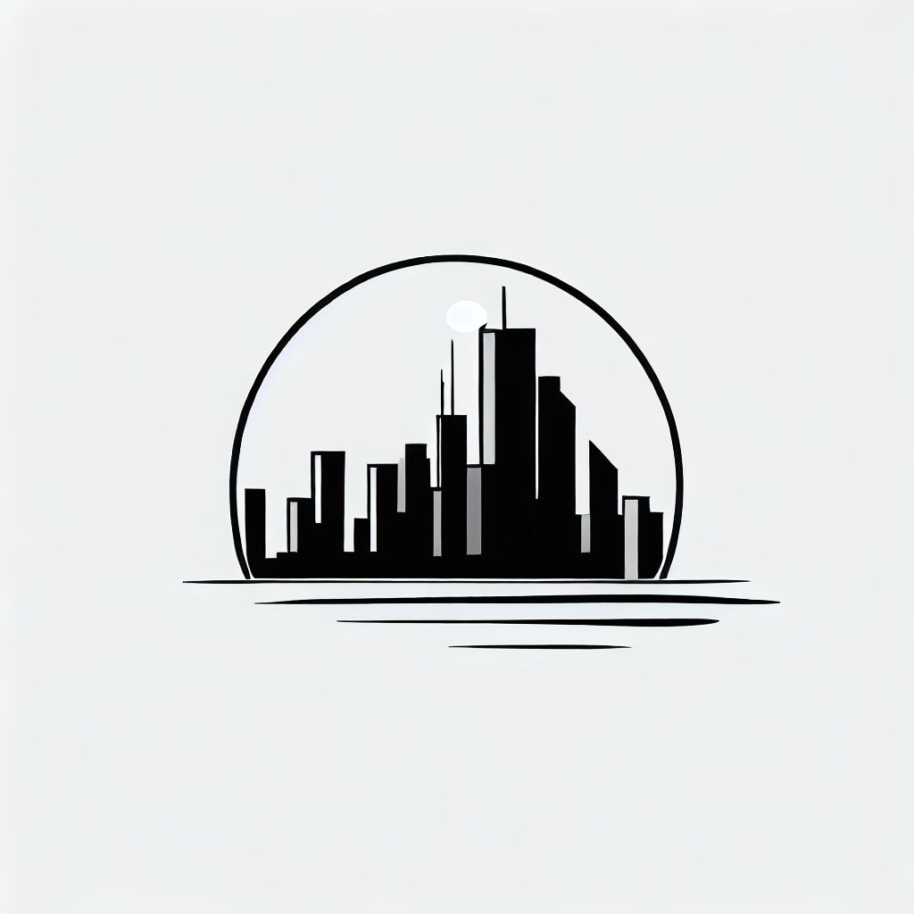 graphic design logo featuring a skyline, black and white, minimalistic 
