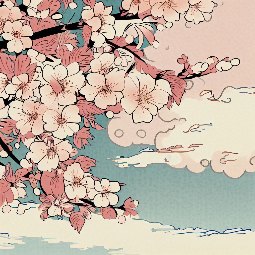 ukiyo-e style design of cherry blossoms and clouds