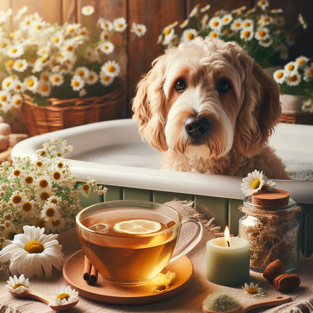 chamomile tea and chamomile bath and dog, diverse and colorful, soft lighting, high depth of field