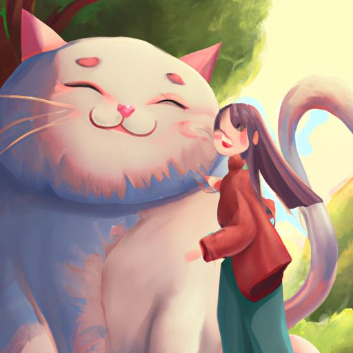 a women hugging a giant cat with a smile in the park, digital art