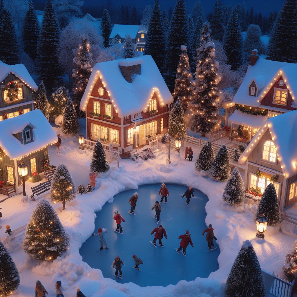 A quaint, snow-covered village at dusk. The scene features twinkling lights from cozy cottages, a frozen pond with people ice-skating, and snow-capped trees.