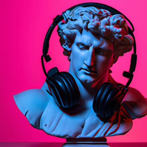 A photo of Michelangelo's sculpture of David wearing headphones djing, pink background, cinematic angle