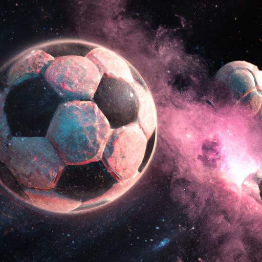 a photo realistic soccer ball as a planet in space with pink smoke and explosions, with 2 moons in the background, digital art