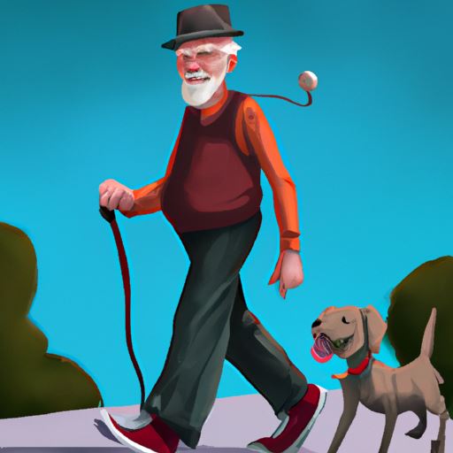 a pixar style character of a happy elderly man walking a dog, digital art
