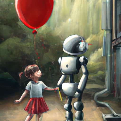 a hopeful robot from the 1930's walking with a little girl holding a red ballon, digital art