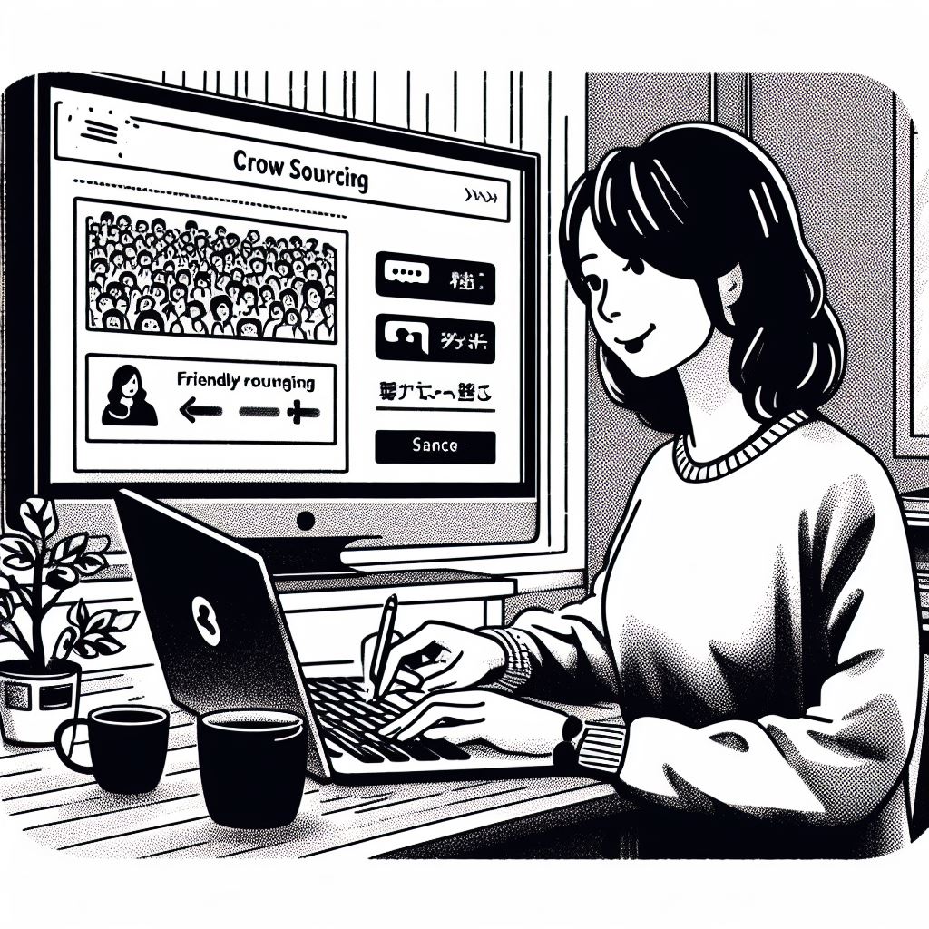 crowd sourcing site named Shufti, friendly illustration, a apanese woman signing up for Shufti on her PC at home