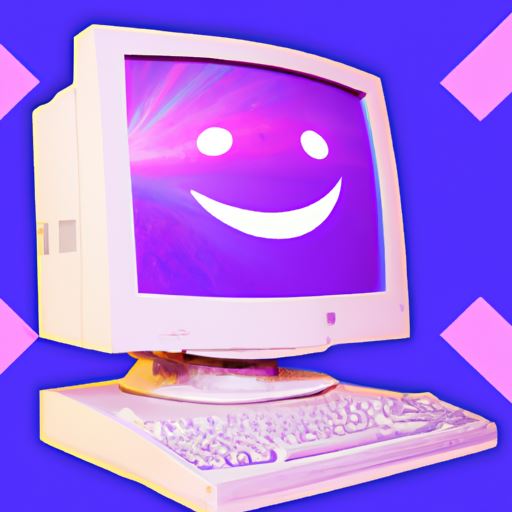 A computer from the 1990's, smiley face, purple background, in the style of vapor wave