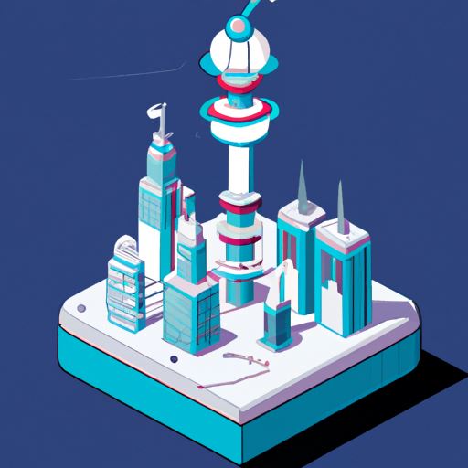 Futuristic city with a floating spire in the center, isometric design