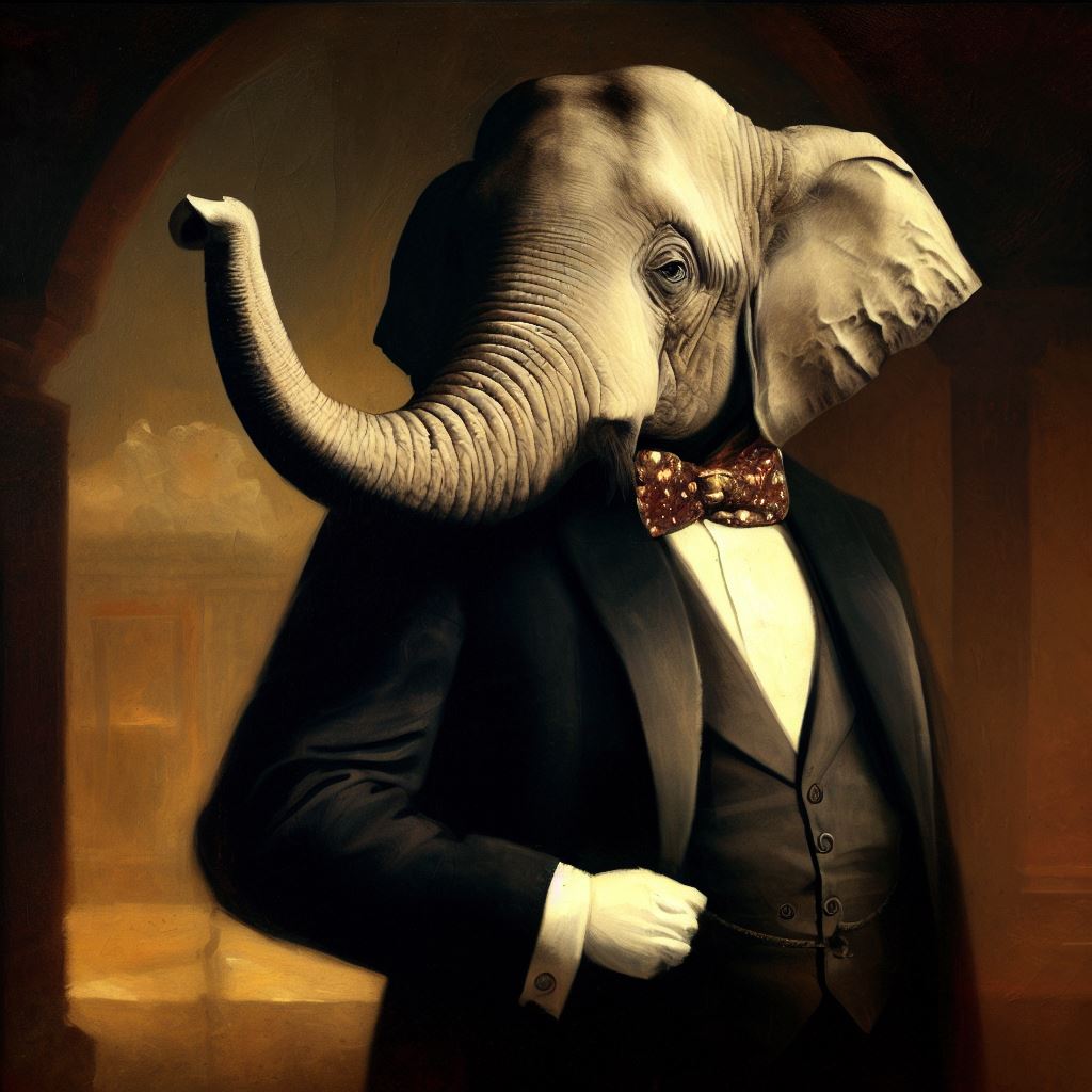 a renaissance painting of an elephant in a tuxedo