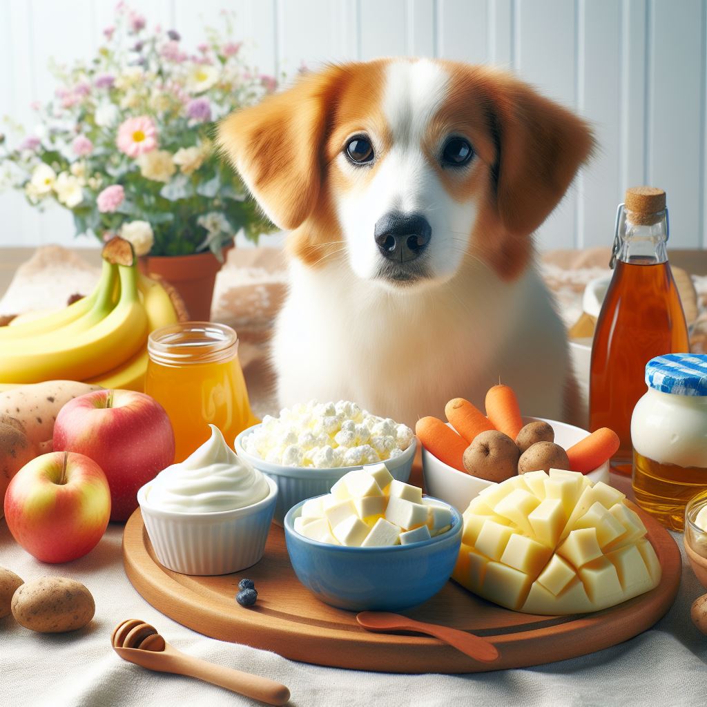 dog and yogurt and cottage cheese and mozzarella and banana and boiled sweet potatoes and boiled potatoes and honey and apple and carrot, diverse and colorful, soft lighting, high depth of field