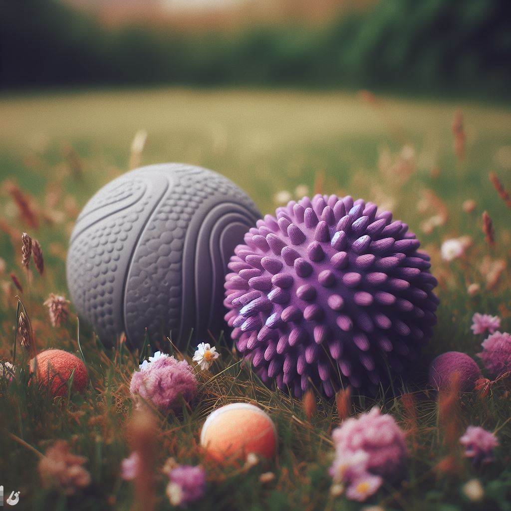 Šedivá tráva, na trávě leží jeden šedivý míček pro psa a jedna velmi výrazná fialová hračka pro psa.