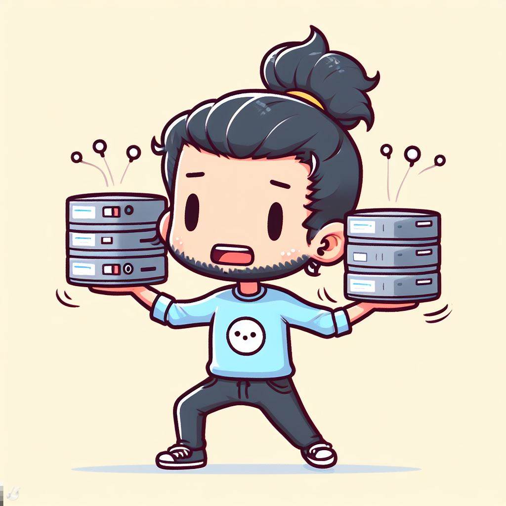 A chibi hispter with a man-bun struggling to balance two different databases in each of his hands