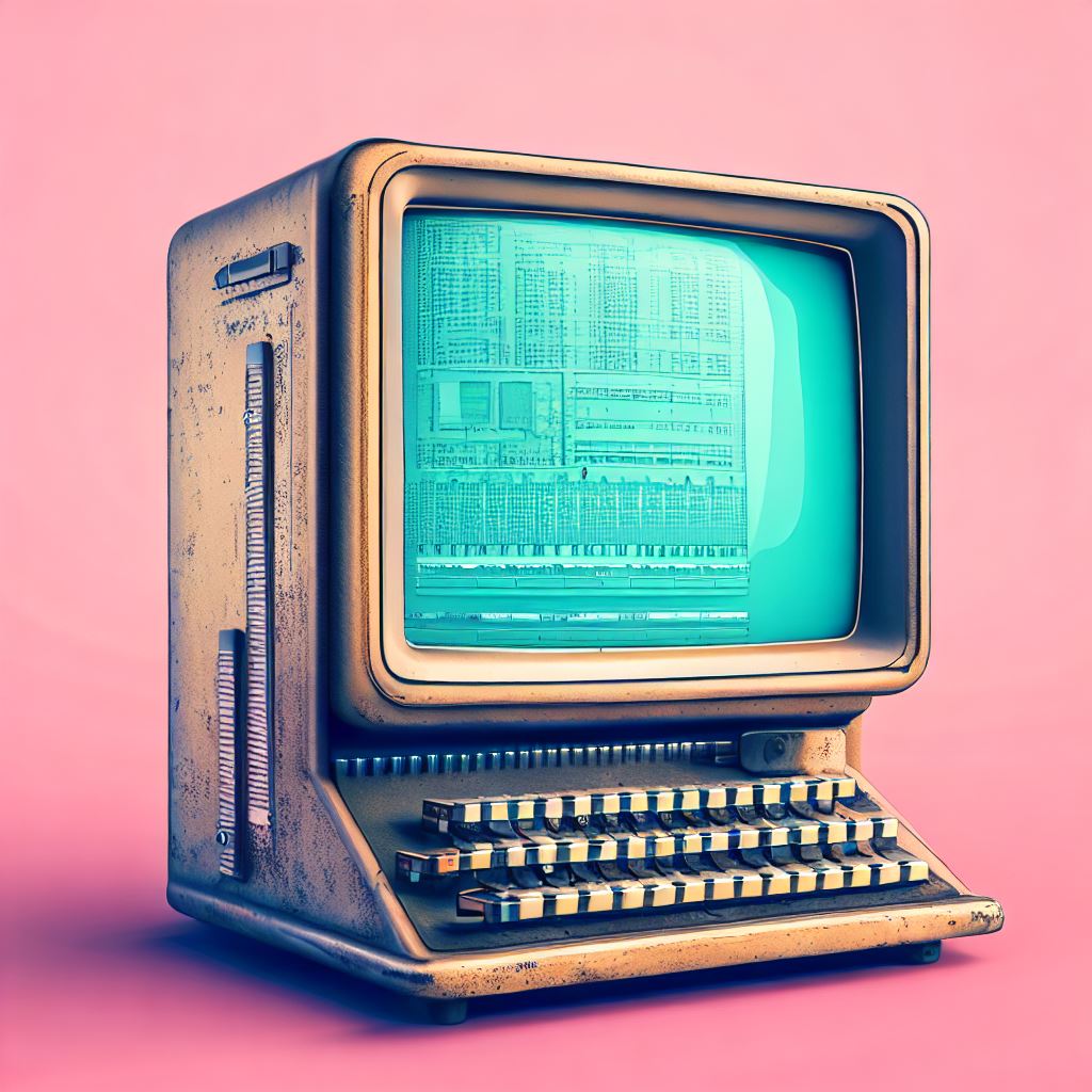 old 1950s computer on a pink background, retro futurism