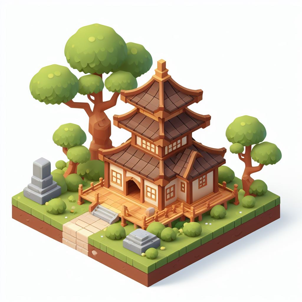 cute small forest zen wood temple, 3d game isometric, detailed, white background