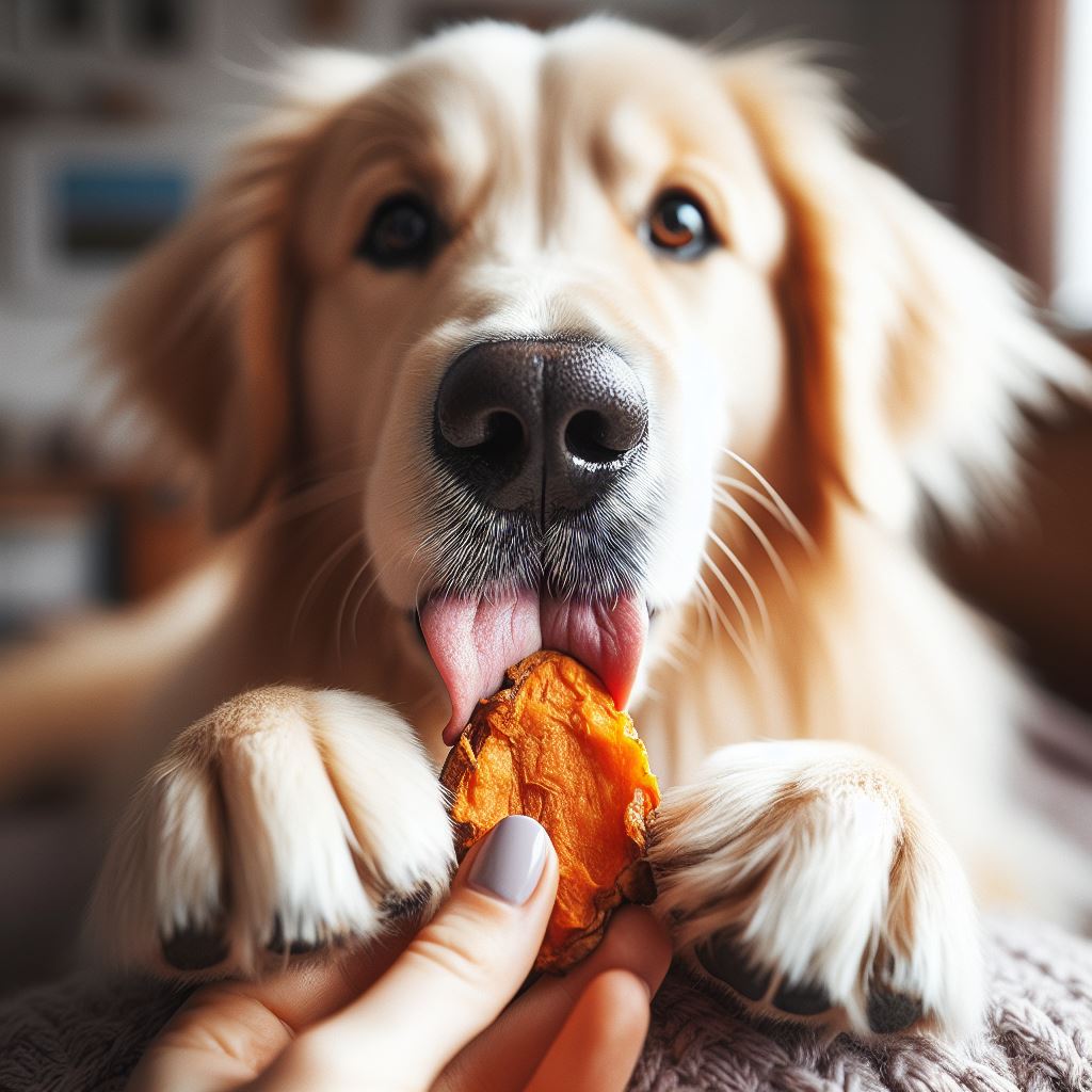 A dog eating a sweet potato