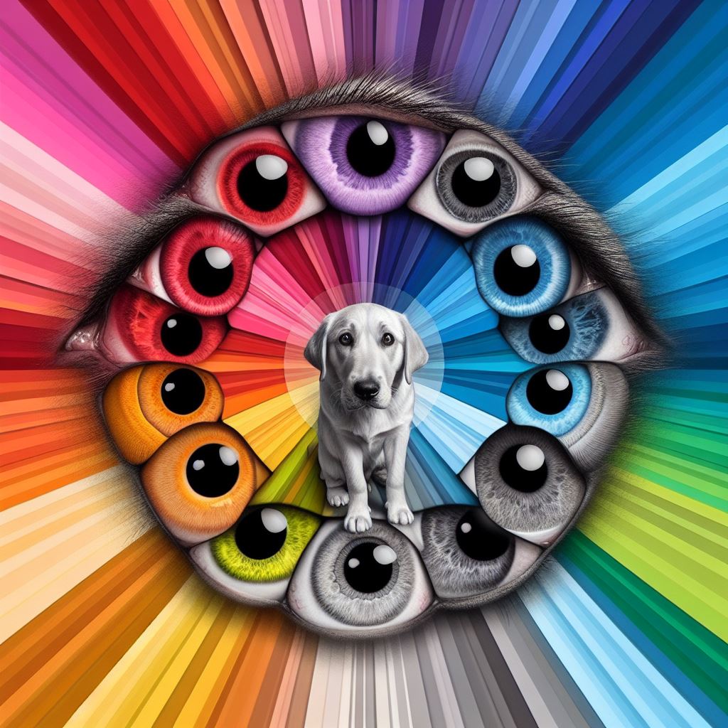 Svět očima psa, všechny běžné barvy změň na šedou kromě modré a fialové.