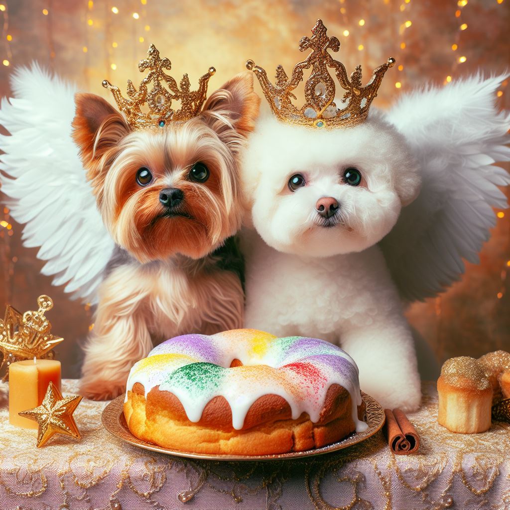 un bichon frisé ange et un yorkshire fête l'épiphanie avec un gâteau des rois
