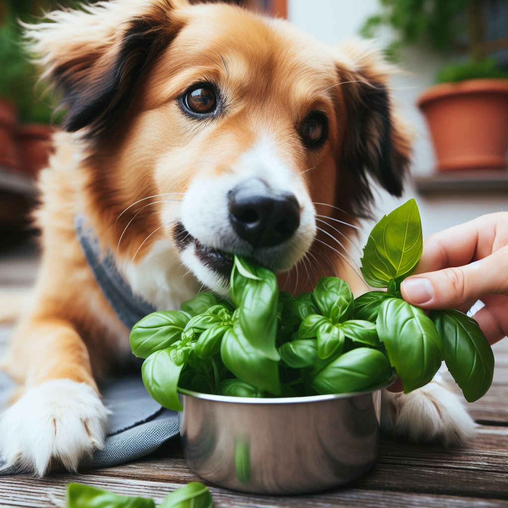 Dog eating green basil from bowl