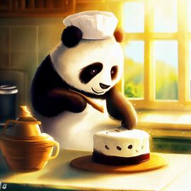 a panda bear baking a cake in a sunny kitchen, digital art. Image 1 of 4