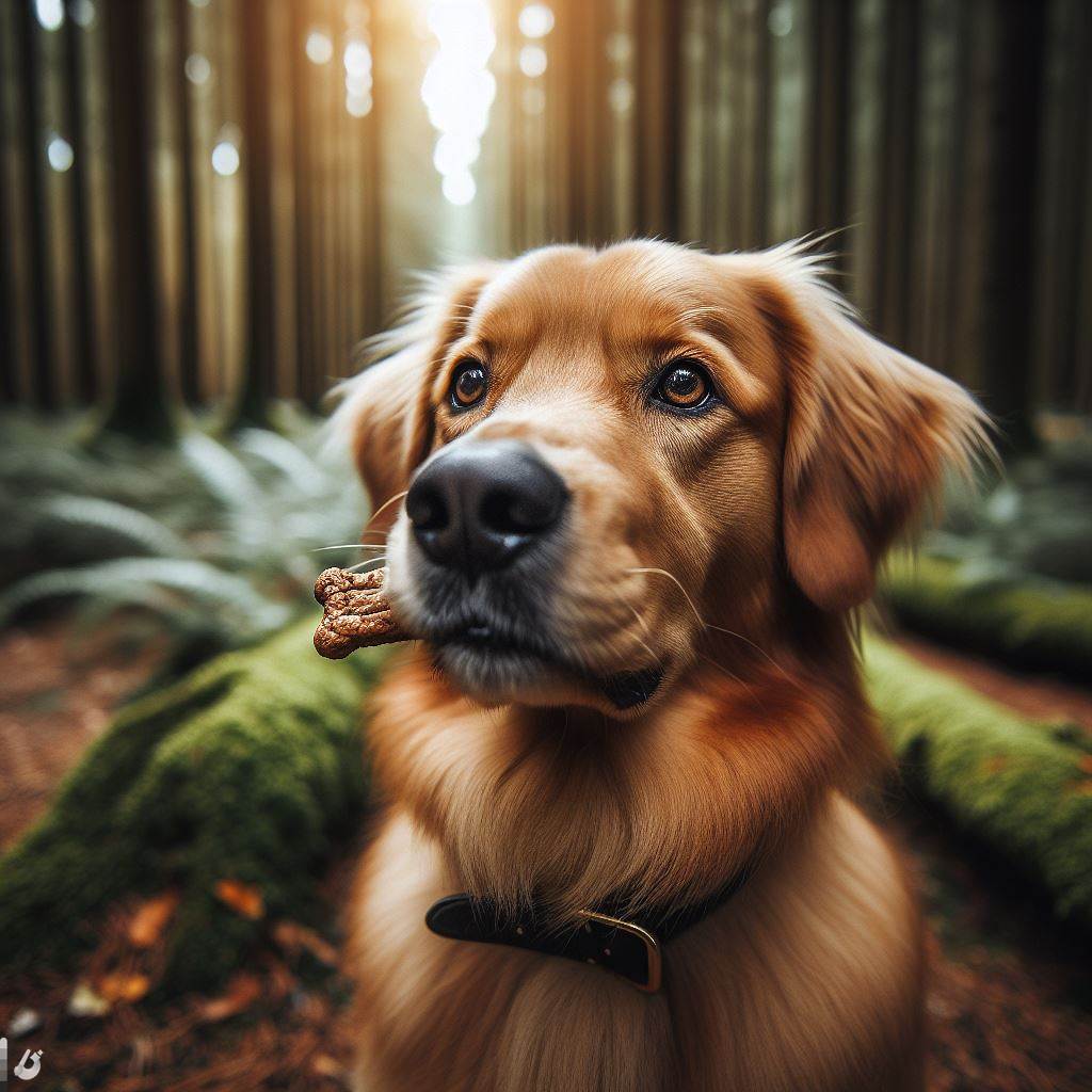 pes pózuje v lese s pamlskem na čumáku
