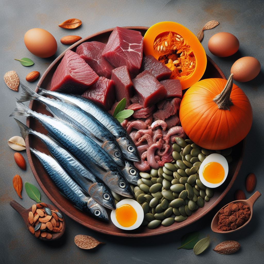 sardinky a jehněčí maso a játra a vaječný žloutek a dýňová semínka a hovězí maso