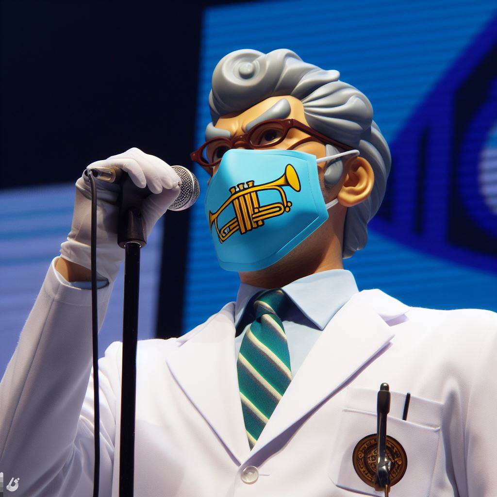 a professor wearing a lab coat holding a microphone on stage, wearing a mask that is colored blue with a picture of a trumpet on it