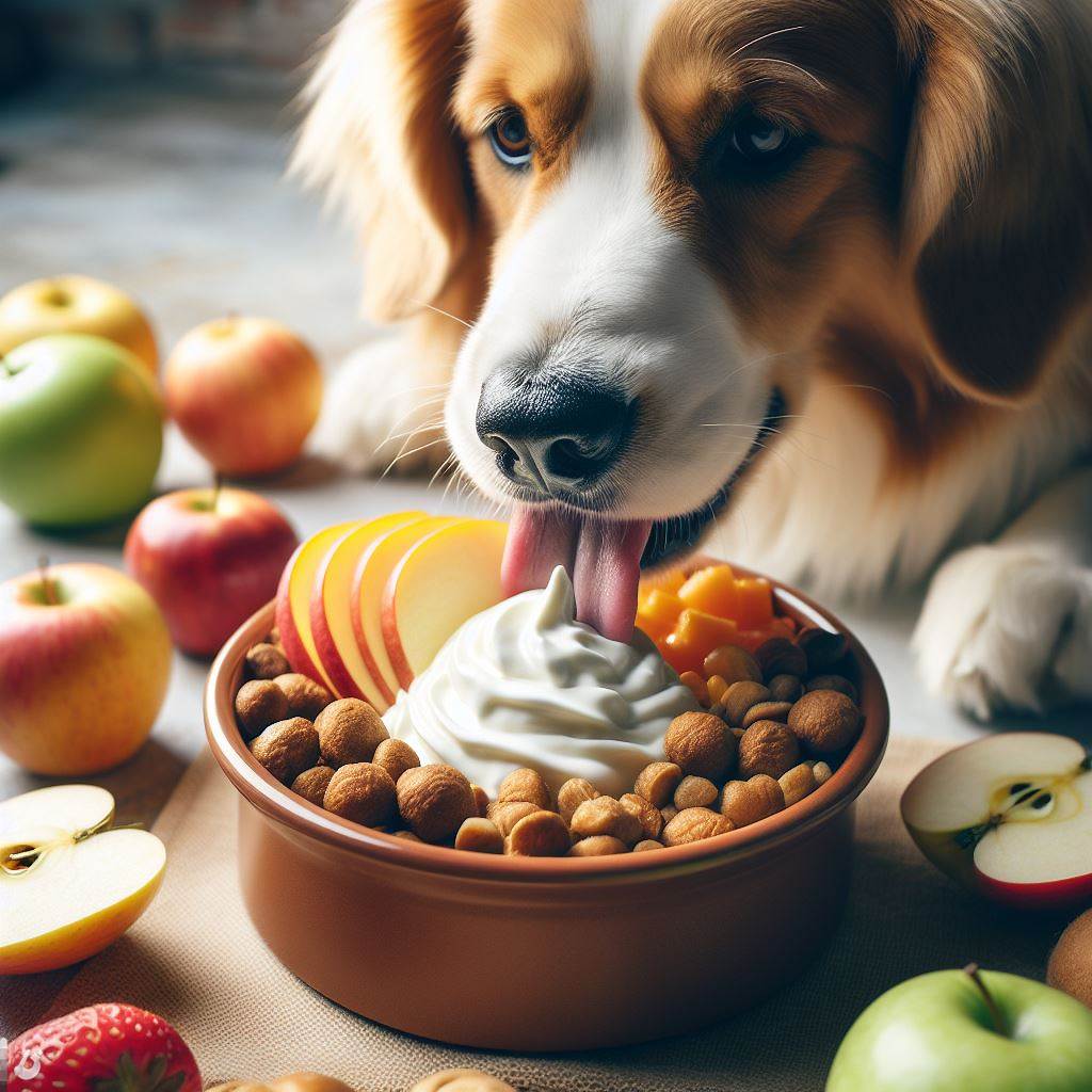 dog eating dog food topped with curd and sliced apple, diverse and colorful, soft lighting, high depth of field