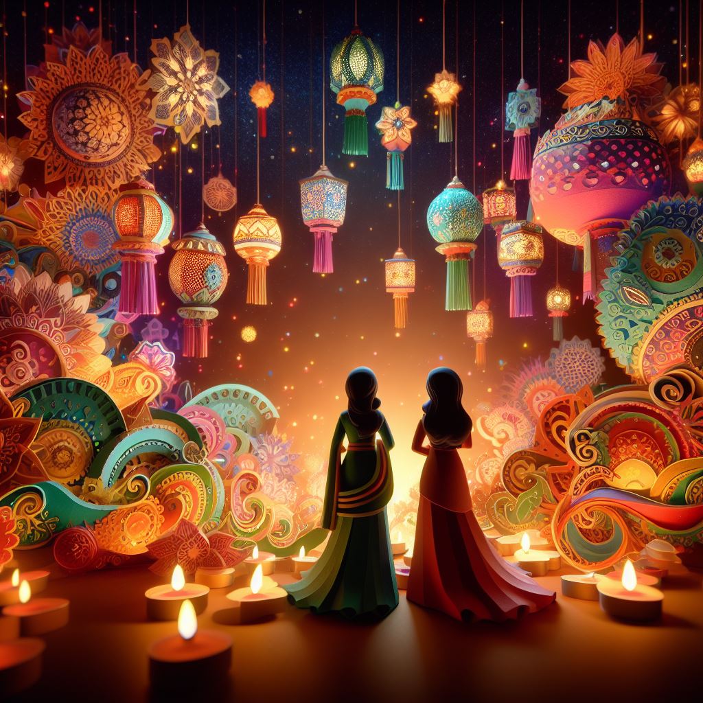 simple paper mache abstract paper art, craft, surrealism surreal in the style of 3D digital art, two women overlooking the colorful lighting world of diwali, intricate ornate colorful diwali candle lanterns, magical holiday, colorful holiday, kalamkari art, modern art, aurora, volumetric lighting, rendered in blender, c4d