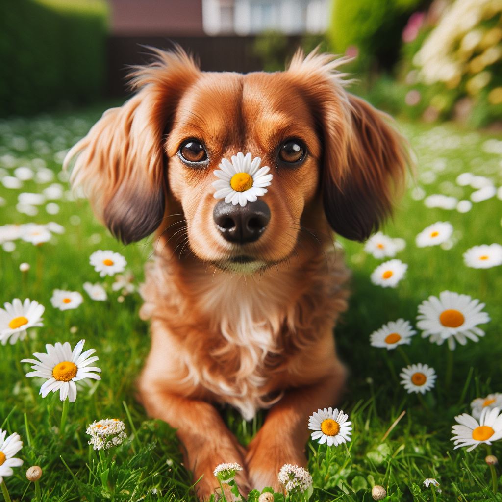 pes který má na čumáčku květ heřmánku