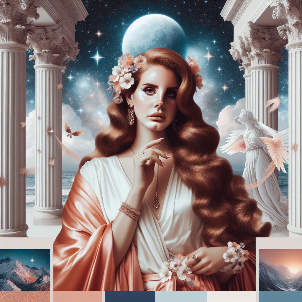 This image does not contain Lana Del Rey as an oracle in a Greek temple. Celestial color palette.