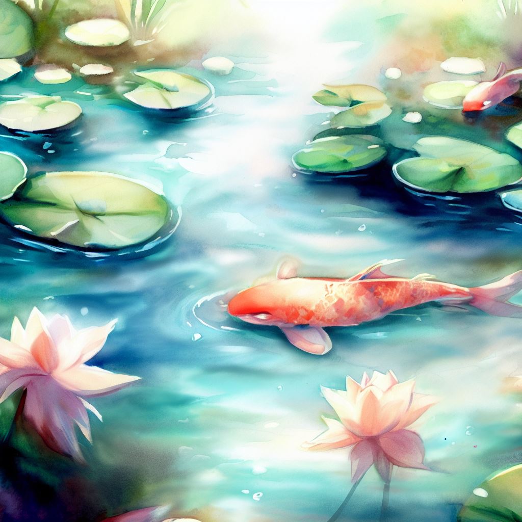 serene koi fish pond with lily pads, watercolor painting
