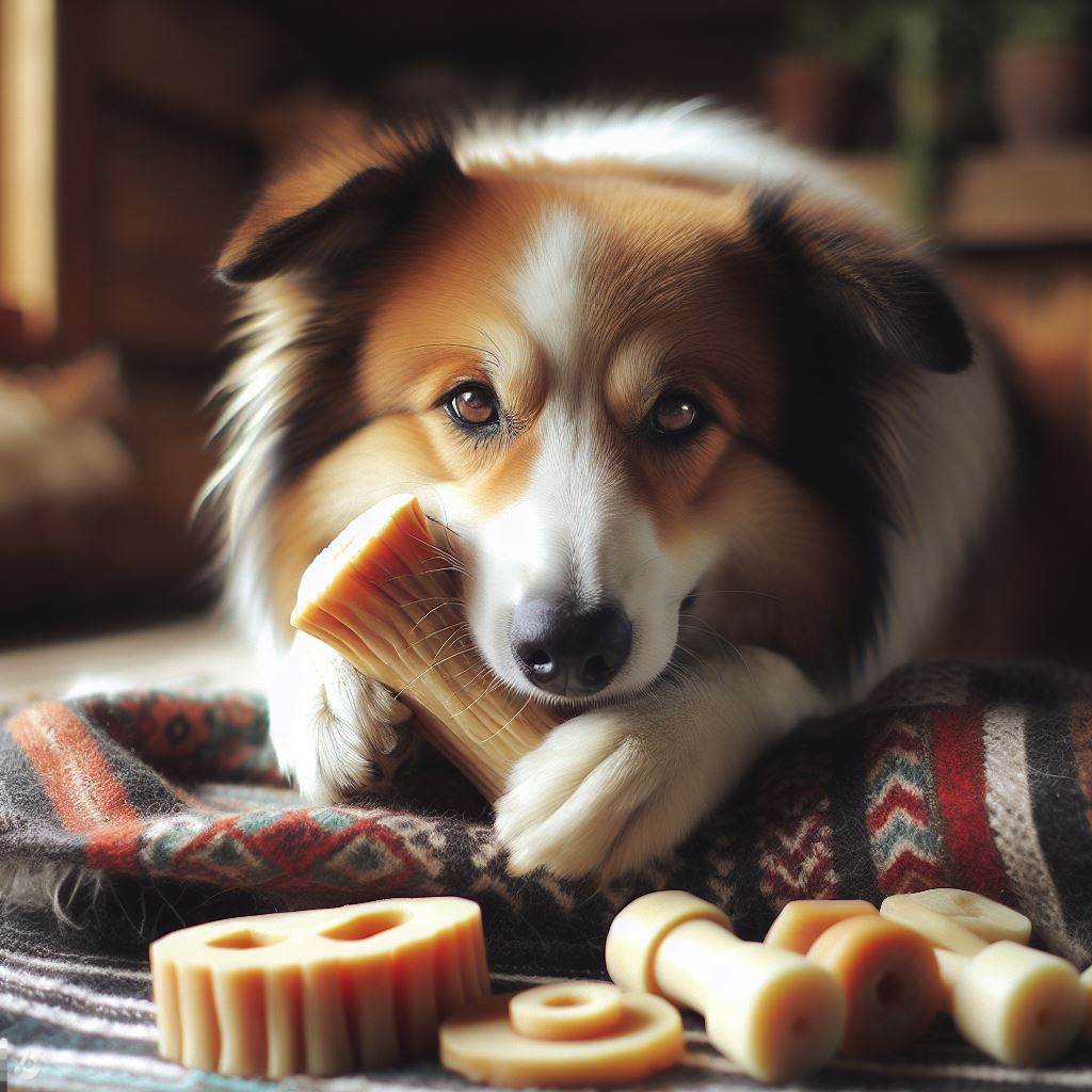 a dog chewing on himalajan cheese bone, soft lighting, diverse, high depth of field