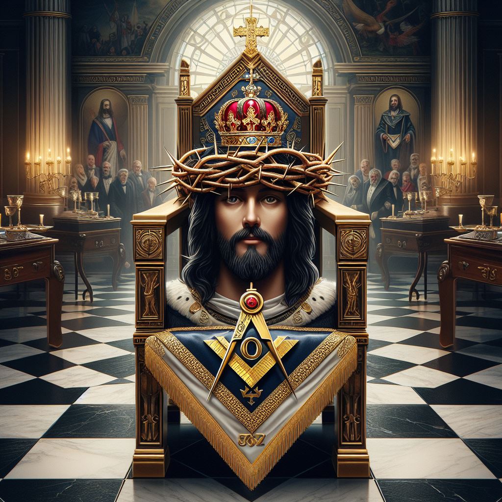 Cristo corona de espinas ,  con mandil masónico y collarin masónico, en una Logia Masónica  . imagen realista a todo color  , sobre piso ajedrezado  