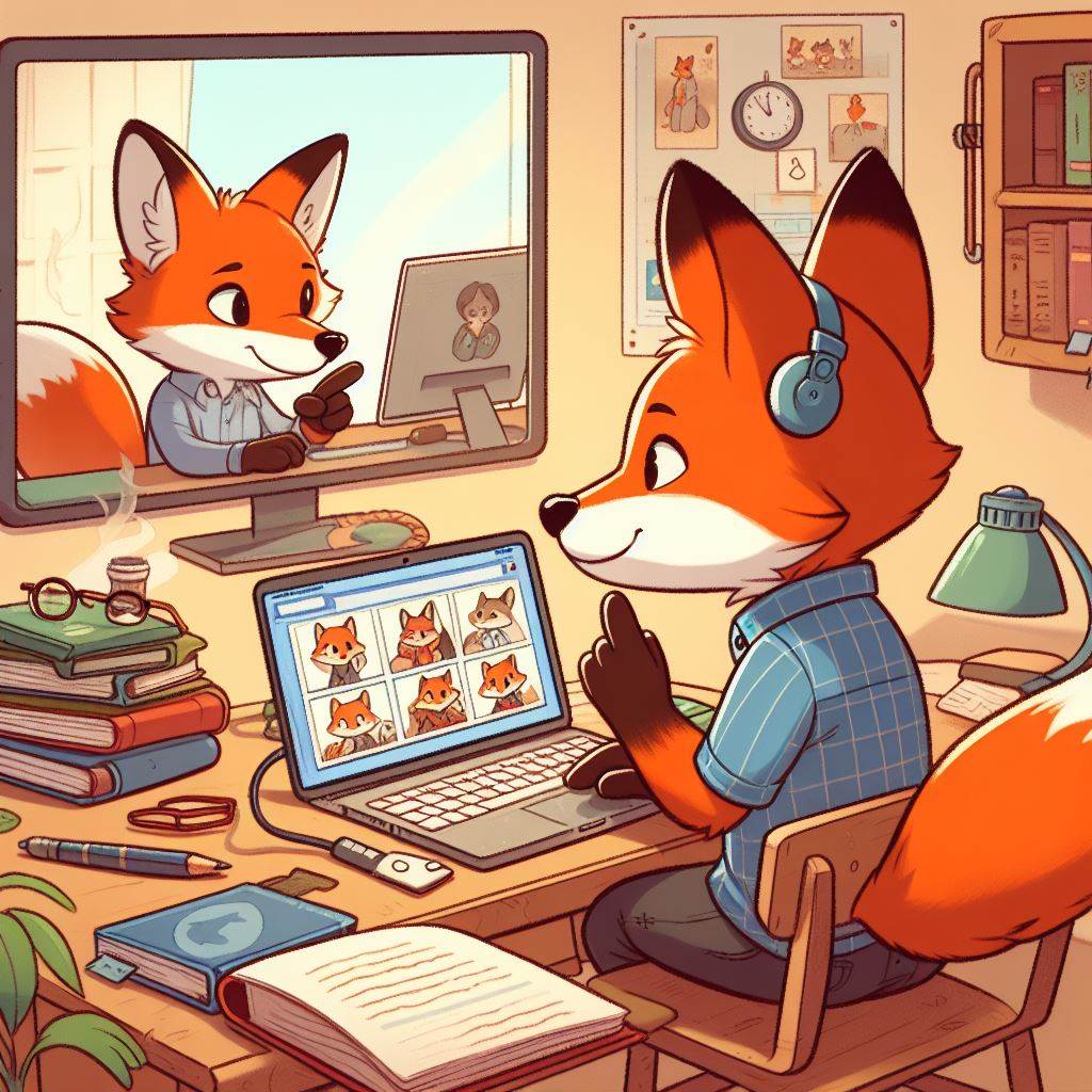 a cartoon fox studying with other foxes via the internet, they see each other working with a second screen