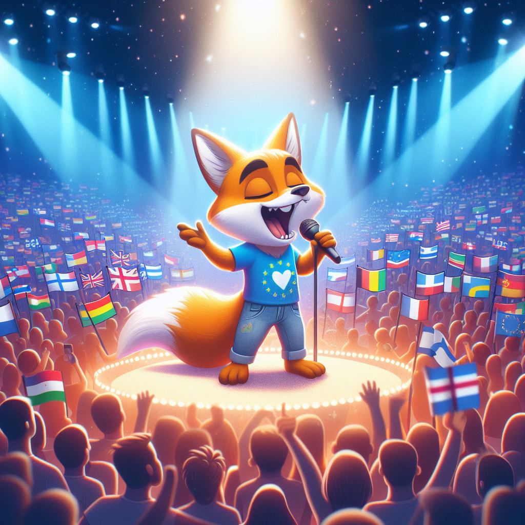 A cartoon fox singing in Eurovision. The fox is dancing on the scene. There is a light show. The public is waving many different flags.