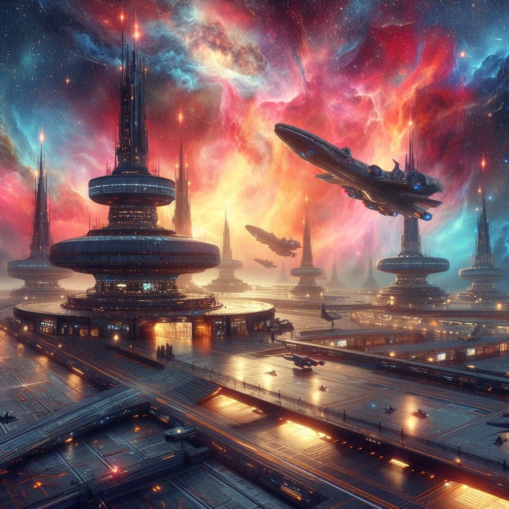 Spaceport docks where starships are fueled by the colorful gases of a nebula
