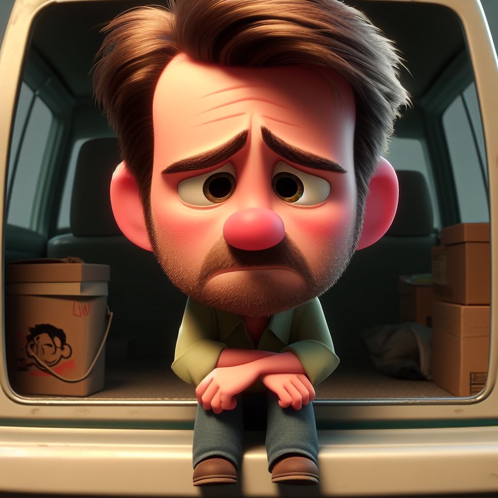 Uma pessoa triste em formato de animação ao estilo Pixar
