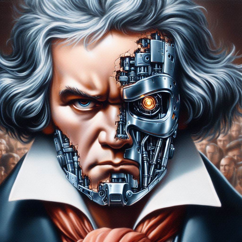 Beethoven as a terminator robot, oil painting
