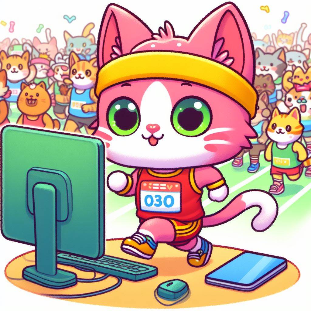a cartoon cat running a marathon in front of his computer