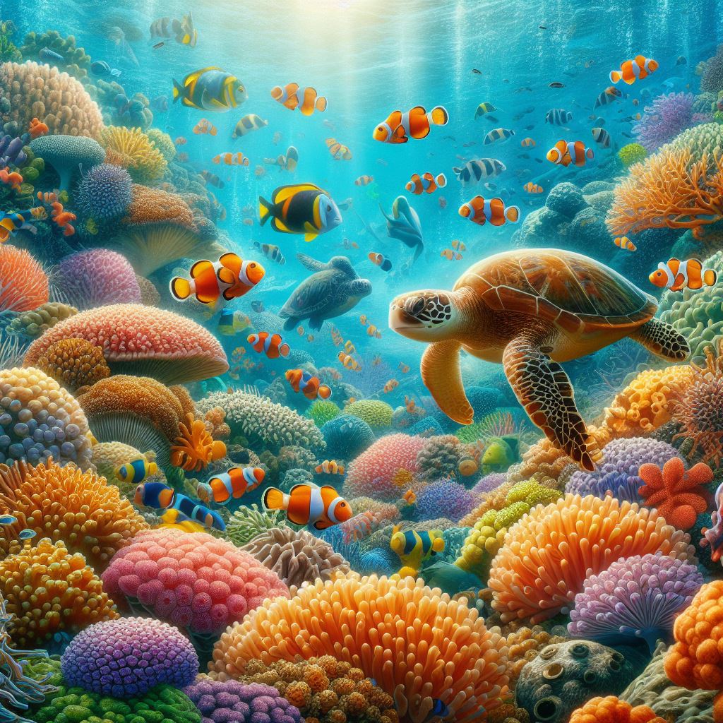 An underwater scene teeming with colorful coral, busy clownfish, and a gentle sea turtle