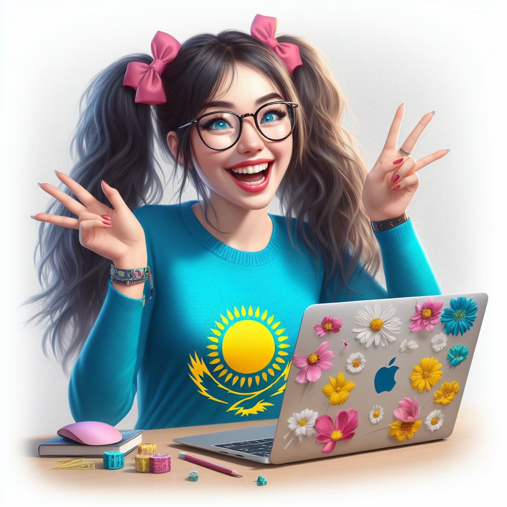 a realistic portrait of a funny Kazakh programmer girl with eye glasses celebrating the spring arrival