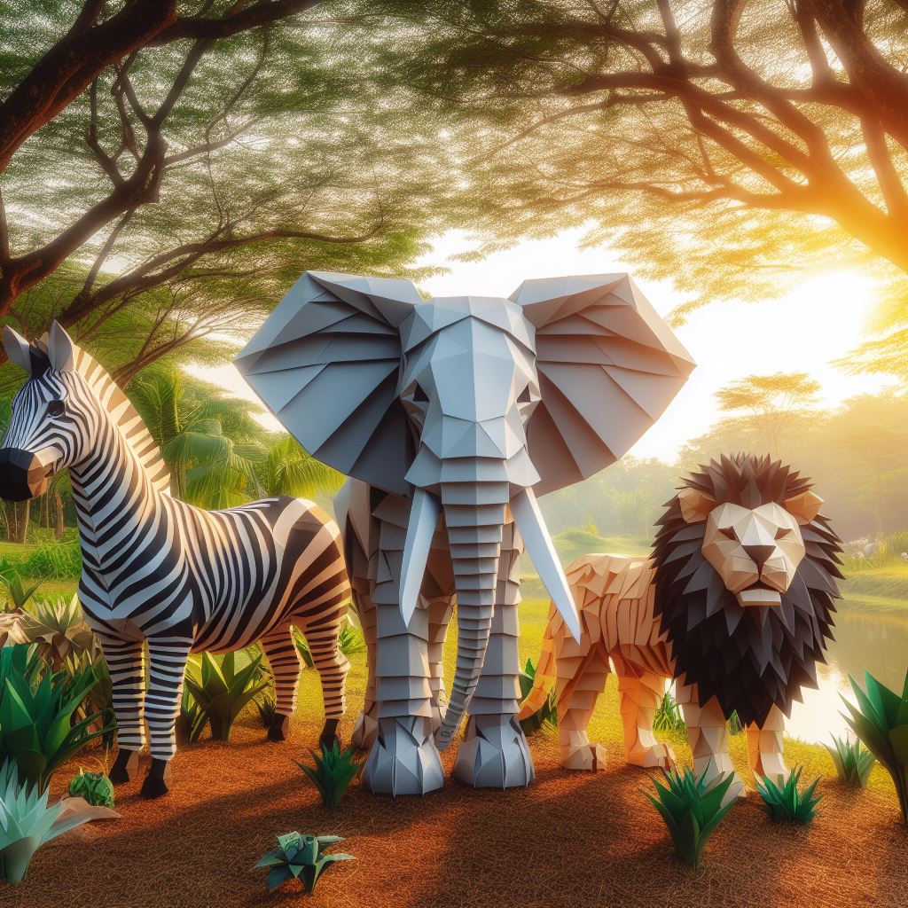 A nature reserve showing an elephant, zebra, and lion made of origami paper that have come to life