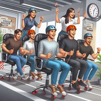 An office scene with six people, wearing casual clothes and helmets, racing office chairs down a hallway. The chairs have wheels, handles, and flags. The people are smiling and cheering. There is a timer on the wall that shows the seconds. There are posters on the walls that say \'Office Chair Racing\' and \'Let the fun begin\'. The image has a realistic style.. Image 2 of 4